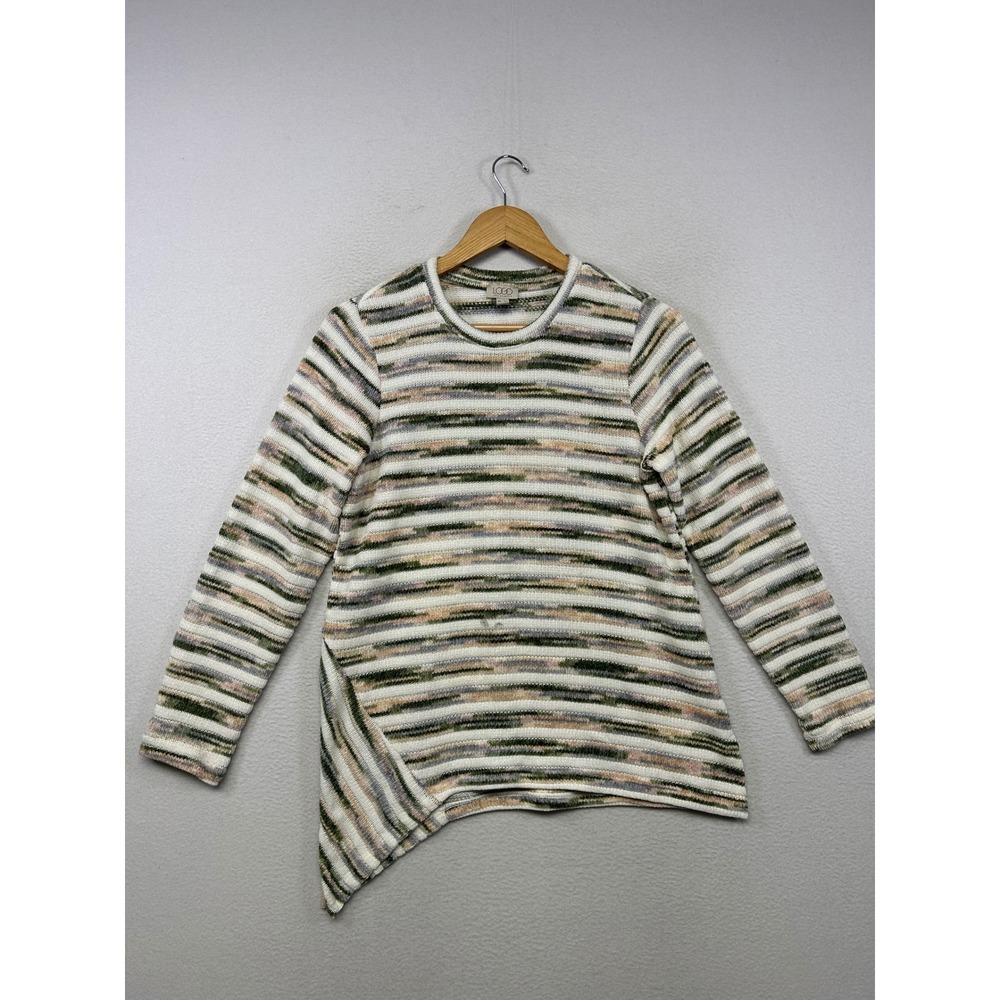 Boho LOGO Lori Goldstein Womens XS Green Multi Asymmetrical Knit Top Art To Wear